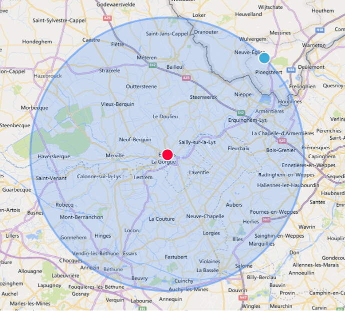 carte rayon 15 km secteur Estaires