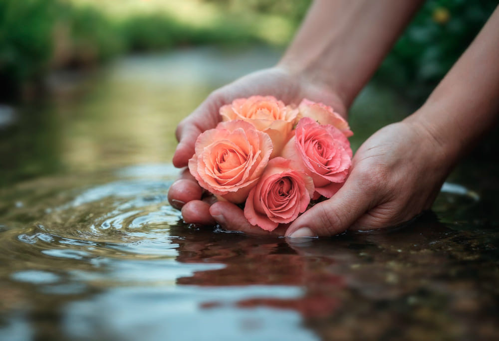 Des mains tenant une belle rose